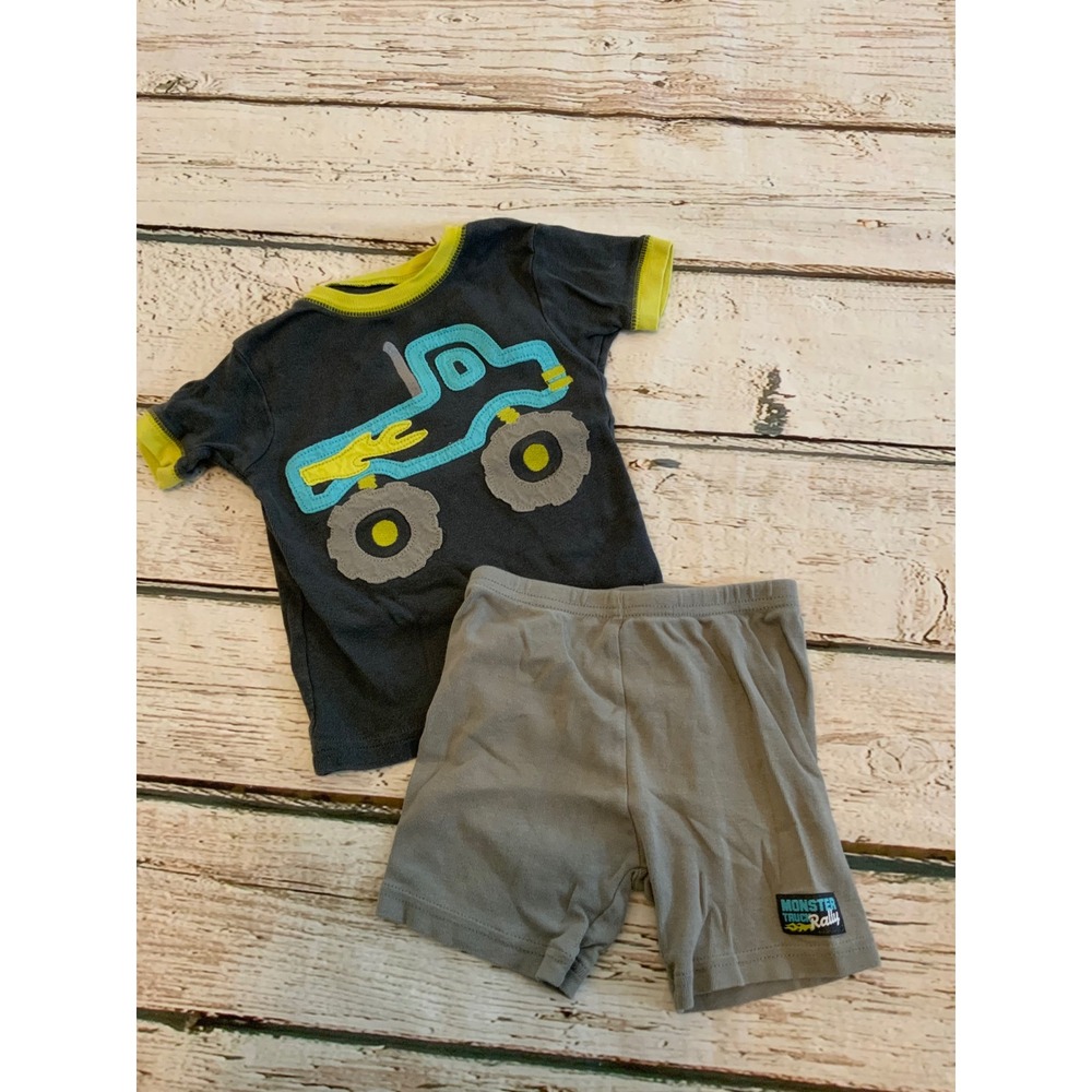 Carters Baby Boy 24M Monster Truck Pajama Set Gray Neon Yellow 2 Piece PJs